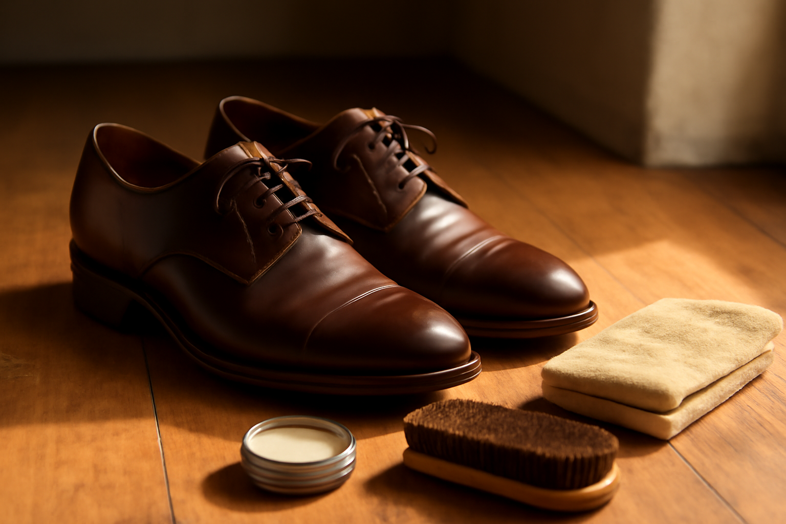 Sepatu kulit cokelat dan alat perawatan di lantai kayu