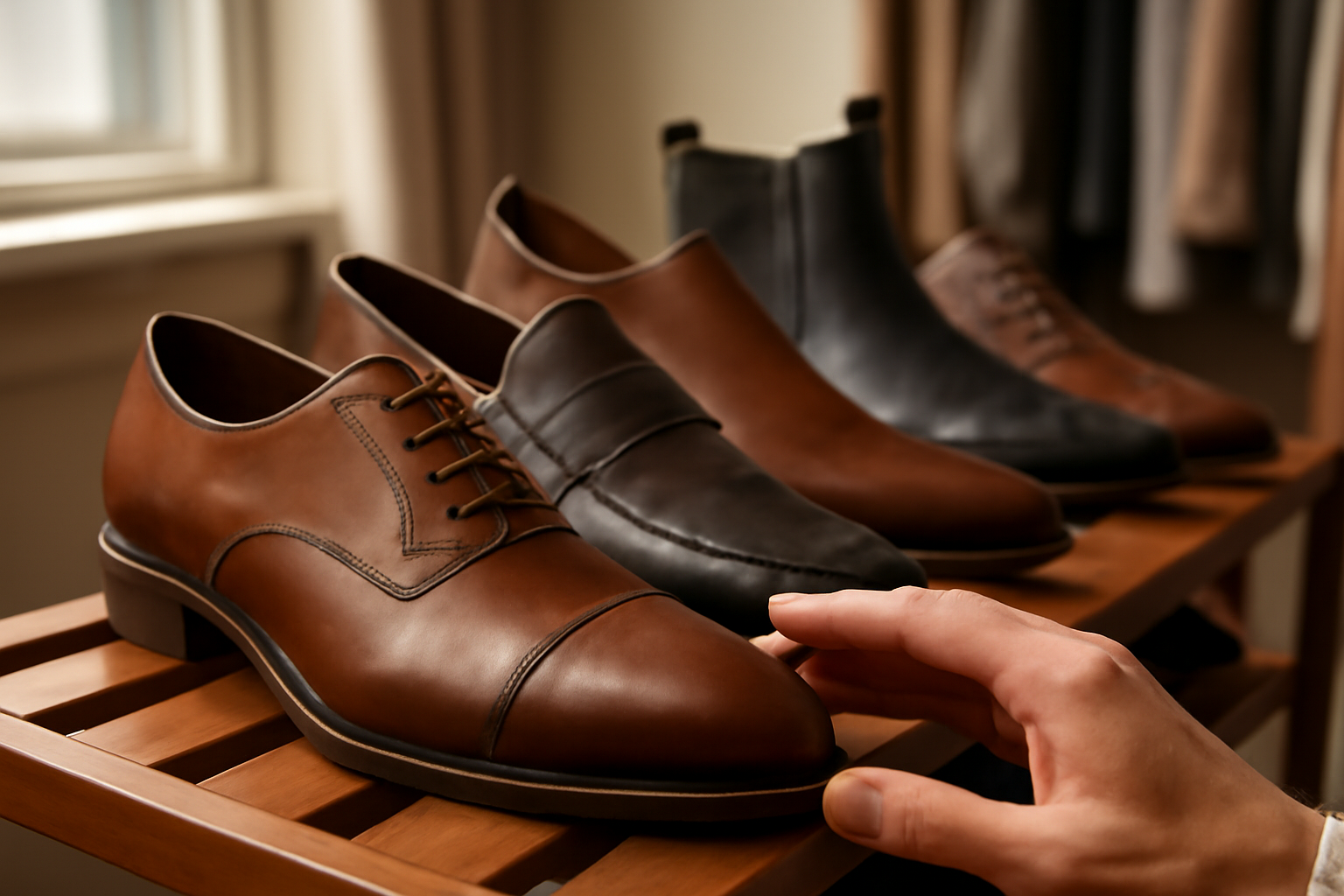 Beragam sepatu kulit mewah ditata di rak kayu, menunjukkan pilihan untuk kegiatan sehari-hari
